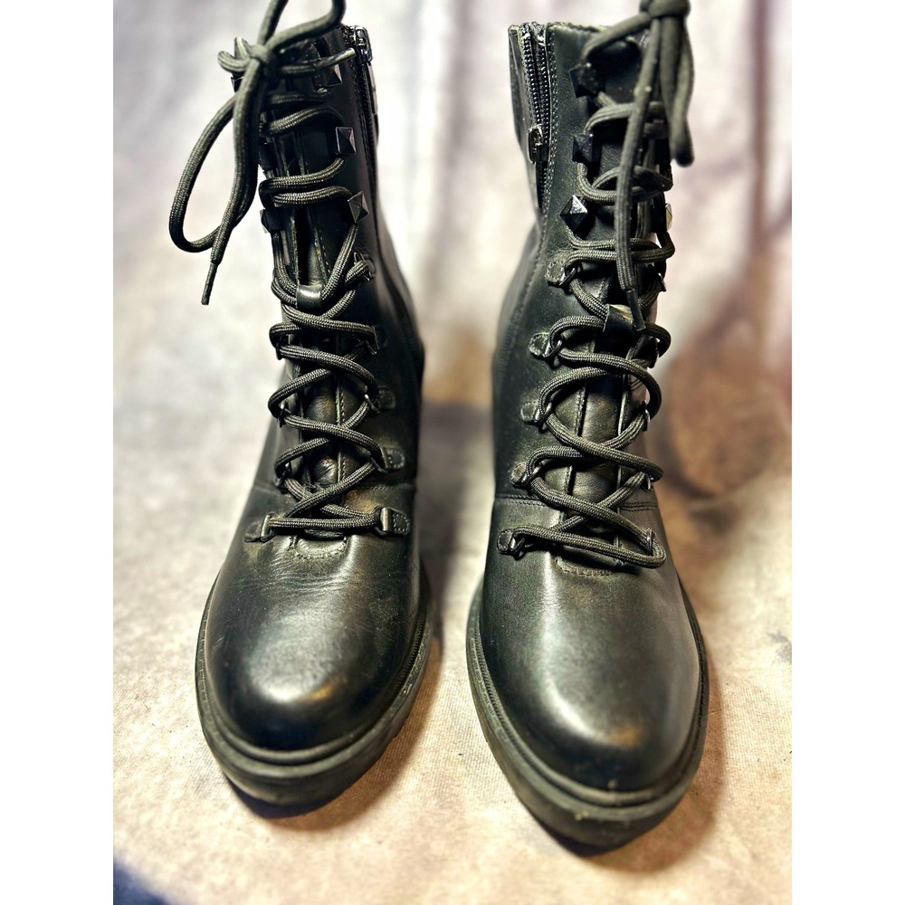 Marc Fisher Women's 9M Black Leather Lace Up Combat Boots Studded Zip Lug
